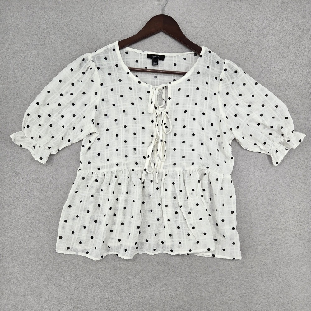 Haver London XS Polka Dot Peplum Blouse Women White Black Romantic Cottagecore‎